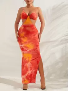 SHEIN SXY Knot Front Tie Dye Bodycon Dress - Orange - View 3