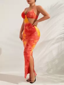 SHEIN SXY Knot Front Tie Dye Bodycon Dress - Orange - View 4