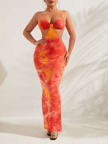 SHEIN SXY Knot Front Tie Dye Bodycon Dress - Orange - View 5