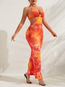 SHEIN SXY Knot Front Tie Dye Bodycon Dress - Orange - View 6