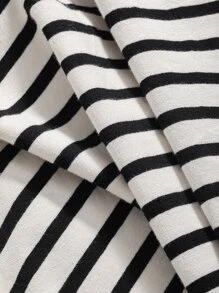 Dazy-Less 条纹印花落肩开衩 T 恤老式风格超大 T 恤商务休闲女士工作服 - 黑與白 - 查看 14