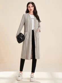 SHEIN Unity Bata unicolor tejida de canalé con diseño de parche con doble bolsillo