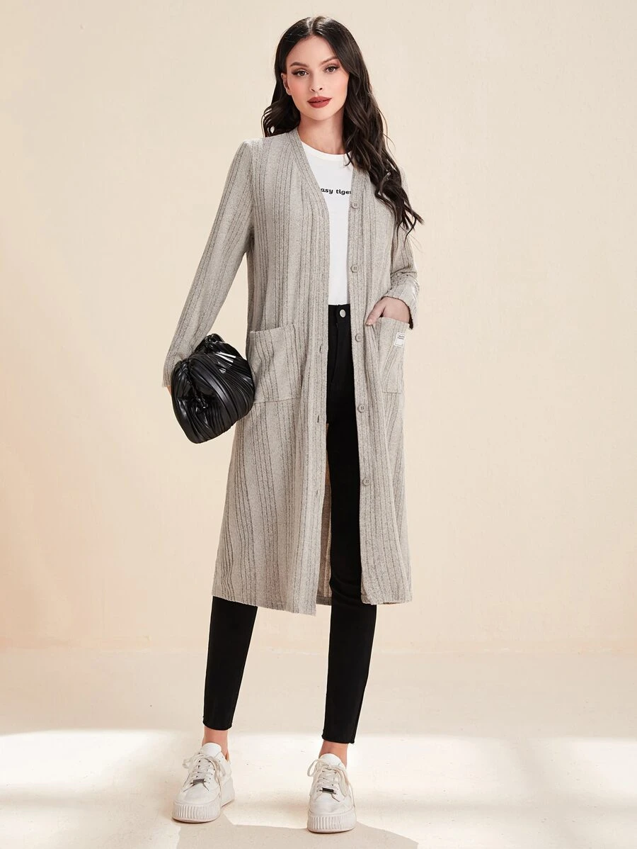 SHEIN Unity Bata unicolor tejida de canalé con diseño de parche con doble bolsillo