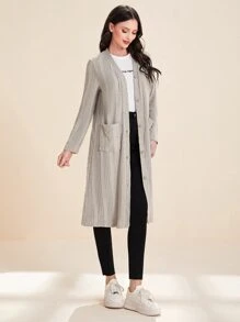 SHEIN Unity Bata unicolor tejida de canalé con diseño de parche con doble bolsillo