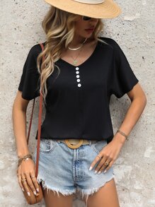 SHEIN LUNE Button Detail Dolman Sleeve Tee - Black - View 3