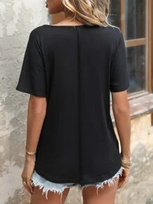 SHEIN LUNE Button Detail Dolman Sleeve Tee - Black - View 2