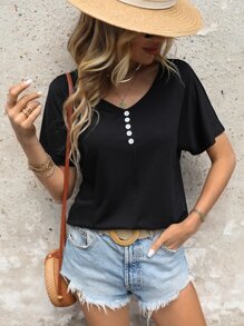 SHEIN LUNE Button Detail Dolman Sleeve Tee - Black - View 6