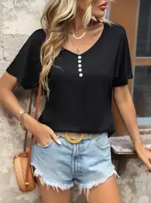 SHEIN LUNE Button Detail Dolman Sleeve Tee - Black - View 1