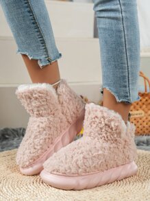 極簡風格毛茸茸一腳蹬拖鞋靴 - 卡其色 - 查看 1