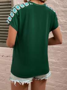 SHEIN LUNE Floral Print Patched Pocket Dolman Sleeve Tee - Dark Green - View 2