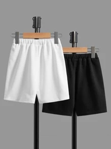SHEIN Young Boys 2 Packs Drawstring Waist Track Shorts - Black and White - View 2