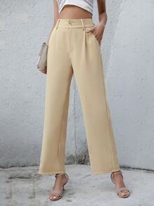 SHEIN Essnce Solid Slant Pocket Plicated Detail Suit Trousers - Apricot - View 5