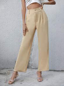 SHEIN Essnce Solid Slant Pocket Plicated Detail Suit Trousers - Apricot - View 6