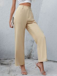SHEIN Essnce Solid Slant Pocket Plicated Detail Suit Trousers - Apricot - View 4