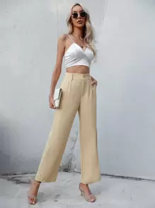 SHEIN Essnce Solid Slant Pocket Plicated Detail Suit Trousers - Apricot - View 1