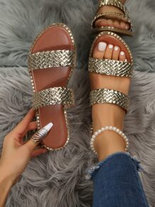 Metallic Weave Detail Slide Sandals - Champagne - View 1