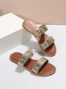 Metallic Weave Detail Slide Sandals - Champagne - View 4
