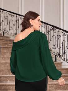 Mulvari Plus Asymmetrical Neck Lantern Sleeve Satin Blouse - Dark Green - View 2