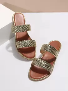 Metallic Weave Detail Slide Sandals - Champagne - View 5