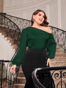 Mulvari Plus Asymmetrical Neck Lantern Sleeve Satin Blouse - Dark Green - View 3
