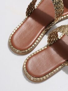 Metallic Weave Detail Slide Sandals - Champagne - View 6