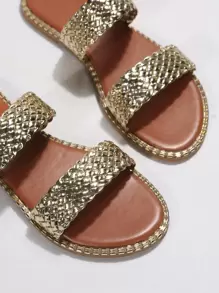 Metallic Weave Detail Slide Sandals - Champagne - View 7