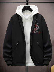 Manfinity Men 1pc Chinese Letter & Dragon Graphic Raglan Sleeve Bomber Jacket - Black - View 1