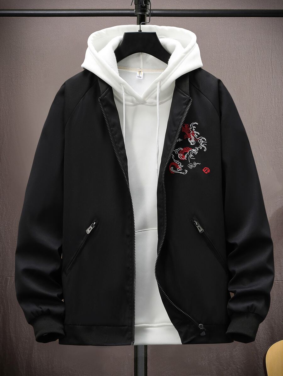 Manfinity Men 1pc Chinese Letter & Dragon Graphic Raglan Sleeve Bomber Jacket - Black - View 1