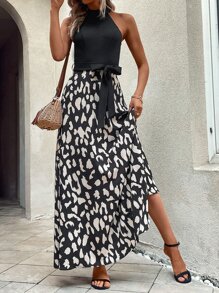 Calvaya 圖案印花腰帶繞頸連衣裙 - 黑色 - 查看 2