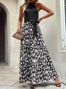 Calvaya 圖案印花腰帶繞頸連衣裙 - 黑色 - 查看 4