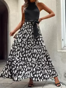 Calvaya 圖案印花腰帶繞頸連衣裙 - 黑色 - 查看 5