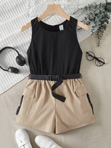 SHEIN 青少年女孩雙色翻蓋口袋腰帶工裝連身短褲 - 彩色 - 查看 1