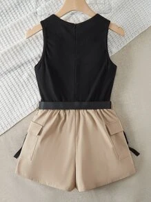 SHEIN 青少年女孩雙色翻蓋口袋腰帶工裝連身短褲 - 彩色 - 查看 2