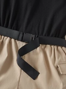 SHEIN 青少年女孩雙色翻蓋口袋腰帶工裝連身短褲 - 彩色 - 查看 4