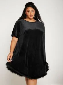 SHEIN CURVE+ Plus Fuzzy Hem Velvet Dress - Black - View 1