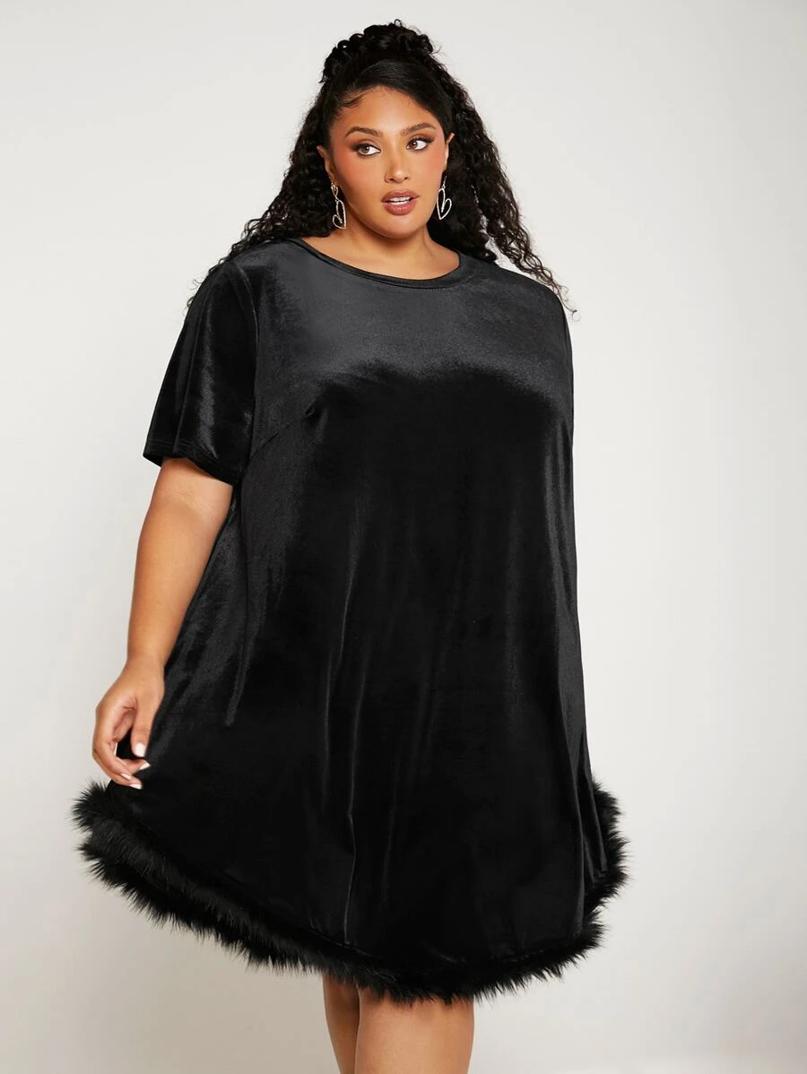 SHEIN CURVE+ Plus Fuzzy Hem Velvet Dress - Black - View 1