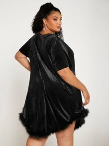 SHEIN CURVE+ Plus Fuzzy Hem Velvet Dress - Black - View 2