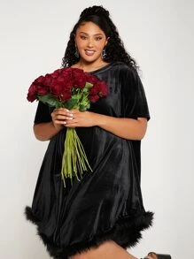 SHEIN CURVE+ Plus Fuzzy Hem Velvet Dress - Black - View 3