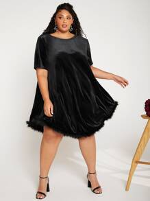 SHEIN CURVE+ Plus Fuzzy Hem Velvet Dress - Black - View 4