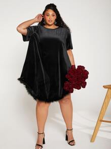 SHEIN CURVE+ Plus Fuzzy Hem Velvet Dress - Black - View 6