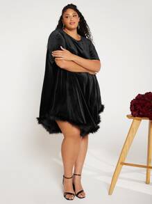 SHEIN CURVE+ Plus Fuzzy Hem Velvet Dress - Black - View 7