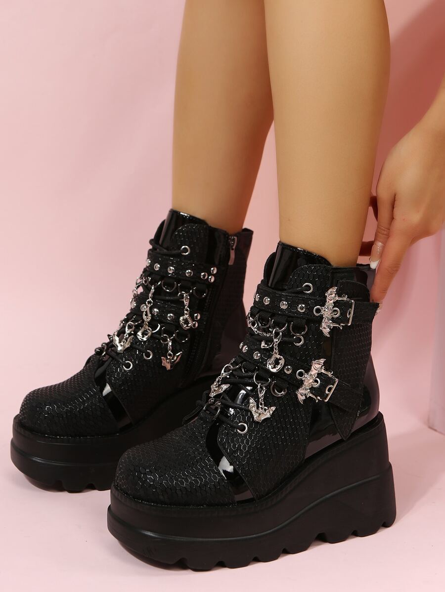 Grommet Eyelet & Bat Decor Wedge Boots, Women's Platform Wedge Boots With Black Punk Rivet Inlay, Buckle And Geometric Pattern - Black - View 1