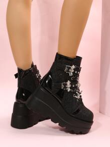 Grommet Eyelet & Bat Decor Wedge Boots, Women's Platform Wedge Boots With Black Punk Rivet Inlay, Buckle And Geometric Pattern - Black - View 2