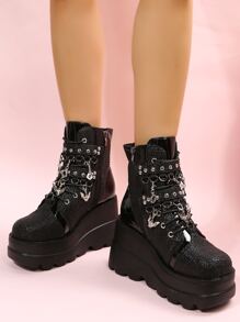 Grommet Eyelet & Bat Decor Wedge Boots, Women's Platform Wedge Boots With Black Punk Rivet Inlay, Buckle And Geometric Pattern - Black - View 3