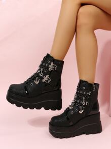 Grommet Eyelet & Bat Decor Wedge Boots, Women's Platform Wedge Boots With Black Punk Rivet Inlay, Buckle And Geometric Pattern - Black - View 4