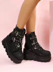 Grommet Eyelet & Bat Decor Wedge Boots, Women's Platform Wedge Boots With Black Punk Rivet Inlay, Buckle And Geometric Pattern - Black - View 5