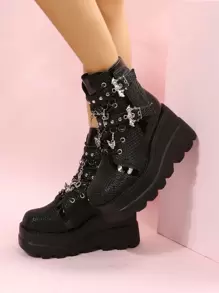 Grommet Eyelet & Bat Decor Wedge Boots, Women's Platform Wedge Boots With Black Punk Rivet Inlay, Buckle And Geometric Pattern - Black - View 7