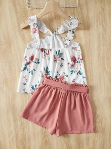 SHEIN Bộ hai mảnh Gái Thắt lưng Xù Quần paper-bag Hoa Boho - Nhiều màu - Xem 2