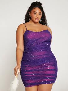 SHEIN CURVE+ Vestido ajustado de tirantes fruncido lateral brillante - Morado Violeta - Ver 1