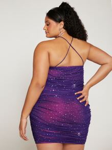 SHEIN CURVE+ Vestido ajustado de tirantes fruncido lateral brillante - Morado Violeta - Ver 2